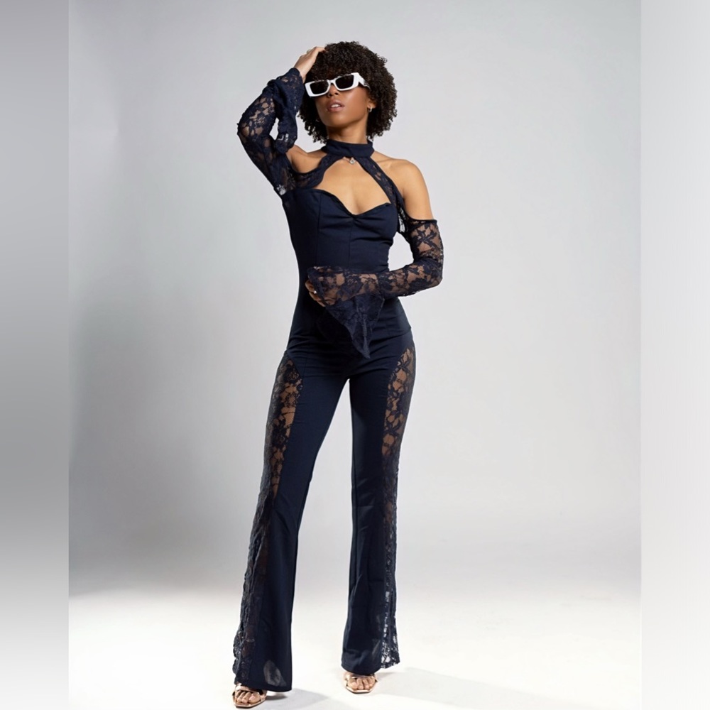 Lace detail jumpsuit. Cocktail jumpsuit